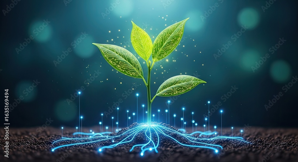 Futuristic digital plant growing from the earth, symbolizing technology ...