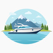 © pola - Serene yacht illustration amid majestic mountains and tranquil waterscape painting