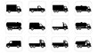 © SAFIICLON - A comprehensive icon set of commercial trucks and vehicles. Black silhouettes of various transport types like tanker, flatbed, and delivery trucks.