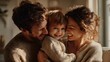© Nattapol - Warm family moment of child hugging both parents with smiles in sunlit living room