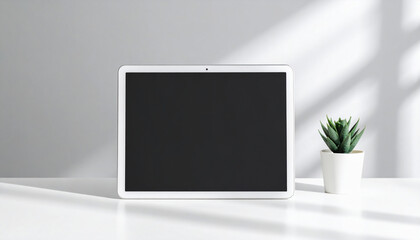White tablet mockup on a minimalist work desk with succulent plant with lots of empty space