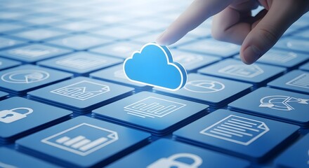 A finger touches a glowing blue cloud icon on a grid of digital interface symbols, illustrating modern cloud computing and data management.