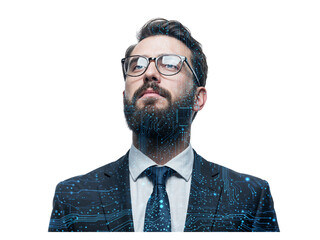 confident businessman with beard and glasses looking upwards with digital data overlay isolated on t