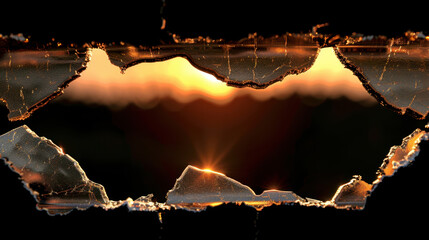 Wall Mural - Beautiful sunset is framed by jagged glass shards, creating striking contrast between warm colors of sky and sharp edges of broken glass. scene evokes sense of both fragility and beauty