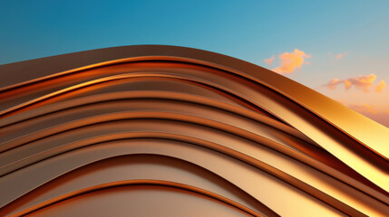 Wall Mural - Sleek, curved lines create stunning abstract design, showcasing warm golden tones against serene blue sky. smooth texture and flowing shapes evoke sense of calm and elegance