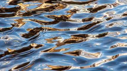 Wall Mural - Image showcases mesmerizing pattern of rippling water, reflecting light various shades of blue and gold. fluid movement creates dynamic and tranquil atmosphere, inviting viewers to appreciate