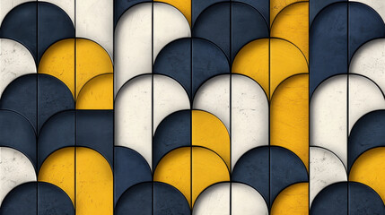 Wall Mural - Geometric pattern featuring curved shapes in navy blue, yellow, and white colors, creating modern and stylish design. This artwork adds contemporary touch to any space