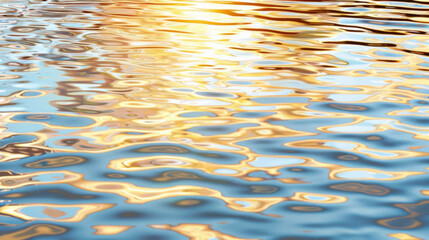 Wall Mural - Shimmering surface of water reflects sunlight, creating mesmerizing pattern of golden and blue hues. gentle ripples evoke sense of tranquility and calmness