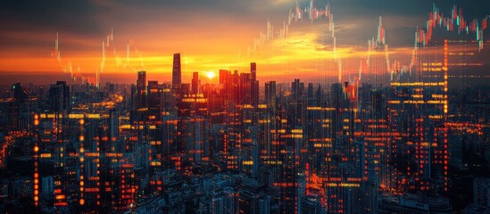 Wall Mural - sunset cityscape with superimposed stock market graph.