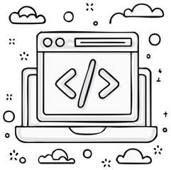 Drawn laptop with code symbols and cloud elements in a doodle style.