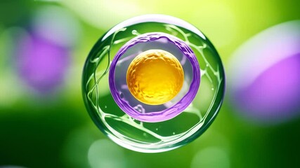 Detailed Microscopic Rendering of Cell with Yellow Nucleus Purple Membrane on Blurred Green Background Representing Biotechnology and Scientific Research