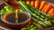 © LumenMaze - A bowl of fermented bean jelly with shiny tendrils sits on a vibrant platter surrounded by fresh vegetables like carrots