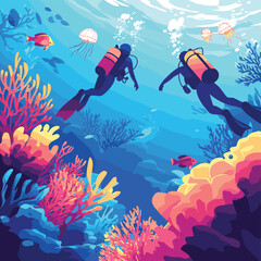 Naklejka na meble Two scuba divers swim near coral reef with vibrant fish, sea plants, and jellyfish in a bright underwater seascape. Vector illustration, vector style simple color