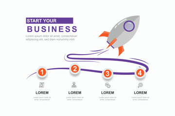 Wall Mural - business start concept with 4 step point element. vector template schedule work with rocket illustra