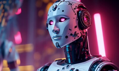 Sticker - a futuristic robot with glowing eyes stands in front of an array of digital screens displaying color