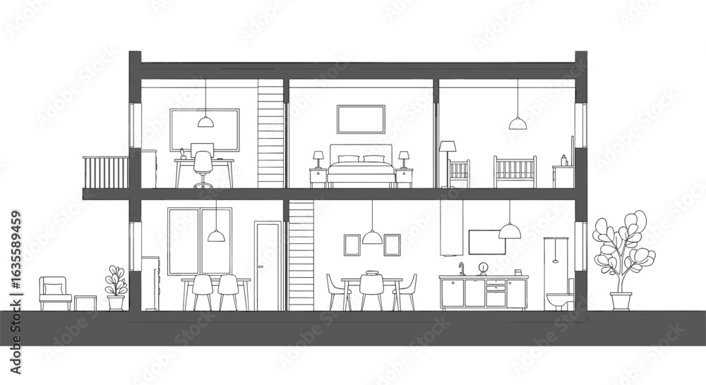 Section Examples Interior Architectural section drawing showcasing interior spaces and building ...