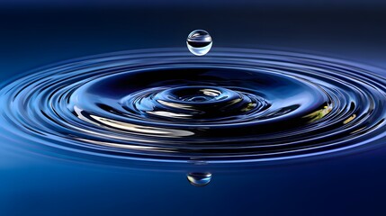 Wall Mural - Water Droplet Creating Circular Ripples on a Calm Surface in a Deep Blue Setting