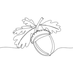 Single line art of acorn with oak leaves, minimal black on transparent background