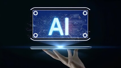 Wall Mural - hand holding a tablet with glowing text ai on a dark background, a digital technology concept for ar