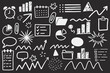 © SVGSTORY - Hand drawn doodles sketch featuring various business and planning elements. Includes charts, graphs, arrows, clocks, and speech bubbles on a dark background.
