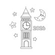 © Farjana - Cute Cartoon Big Ben, 2026 New Year's Eve, Night Sky, Stars, Moon, Childish Line Art Illustration
