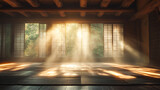 Atmospheric 3d rendering of a traditional japanese dojo interior with tatami mats shoji screens and wooden beams bathed in soft hazy light creating a serene ambiance