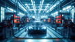 © Akash Tholiya - Automotive precision robotic arms assemble sleek electric vehicles on hightech production line holographic displays monitor progress futuristic factory setting