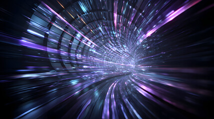 Wall Mural - abstract light speed wormhole journey with digital streaks within a curved tunnel showing futuristic