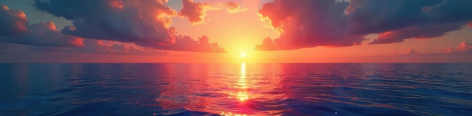 Wall Mural - A breathtaking panoramic view of a shimmering, sparkling horizon where the sun dips below the water, creating a dazzling display of light and color ,  awe-inspiring,  beach,  shimmer