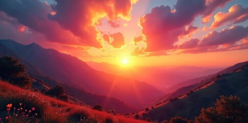 Wall Mural - A vibrant sunrise paints the sky with brilliant, radiant colors, illuminating a breathtaking landscape The scene evokes feelings of hope, optimism, and a bright future , nature, awe-inspiring