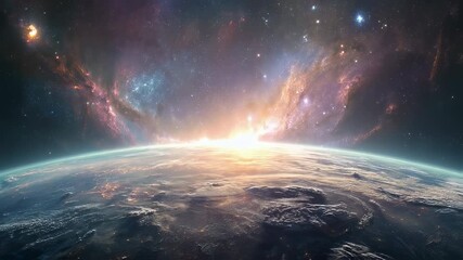 Wall Mural - Breathtaking view of planet earth from outer space with glowing atmosphere, vibrant blue oceans, swirling clouds, distant stars, and colorful nebula in deep cosmic background