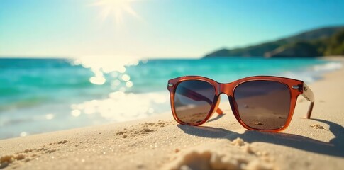 Wall Mural - Stylish sunglasses resting on a sun-drenched beach, reflecting the bright sunlight Perfect for summer vacation themes, travel, and holiday imagery , landscape, tropical