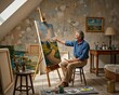 © Ivan - Senior Artist Painting Landscape in Rustic Attic Studio with Natural Light