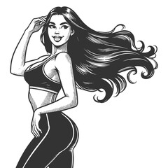Wall Mural - fit retro-style woman in workout clothes, posing confidently with hands in her hair sketch engraving