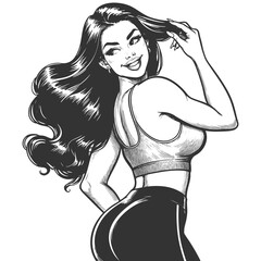 Wall Mural - fit retro-style woman in workout clothes, posing confidently with hands in her hair sketch engraving
