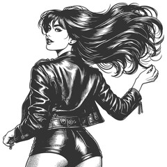 Wall Mural - woman in a leather jacket, tube top, and shorts with flowing bob hairstyle and bold attitude sketch 