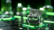 © Md - Silver wireless earbuds in open charging case with green neon lights