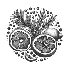 Wall Mural - citrus and herbs sketch engraving generative ai vector illustration. scratch board imitation. black 