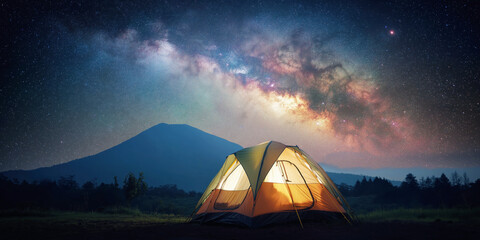 Wall Mural - tourist tent in mountains in nature under starry sky with stars and Milky Way at night. Panorama landscape with colorful night sky