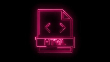 Glowing neon pink H T M L file icon with code symbols and vibrant light effect on isolated black background