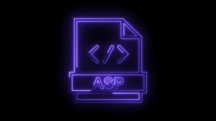 Glowing neon purple A S P file icon with code symbols and vibrant light effect isolated on black background
