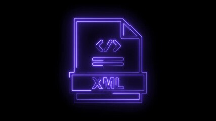 Glowing purple neon X M L file icon animation on black background representing data structure programming