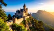 © pradnyana - Majestic castle atop mountain range at sunset