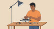 © Bocx - Man assembles drone at table with lamp, for personal use at home