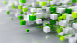 Dynamic abstract composition of vibrant green and white cubes with motion blur creating a futuristic, modern design concept