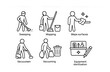 © Леся Озарчук - Salon Cleaning Icons. Outline icon set of salon cleaning routine: sweeping, mopping, wiping surfaces,