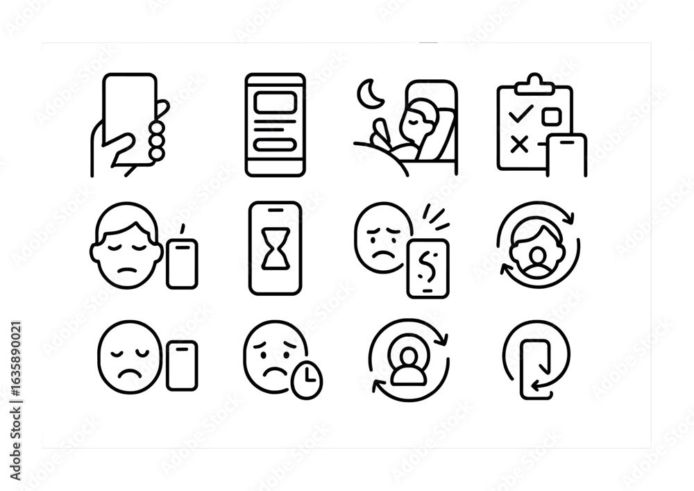 Social Media Addiction Icons. Outline vector icons of social media ...