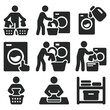 © Александр Михайлюк - Laundry Icons Sequence. Solid style icons of laundry process steps: separate laundry, load machine, add detergent, start cycle,