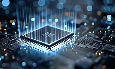 Sticker - 3d render of a computer chip with a glowing blue light on a dark background, surrounded by digital c