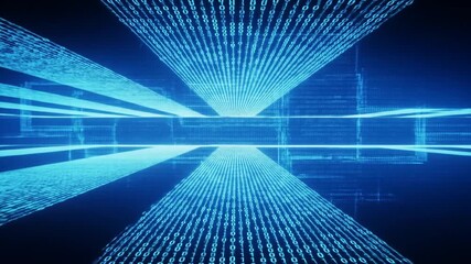 Futuristic digital landscape of glowing binary information streams and data corridors.
